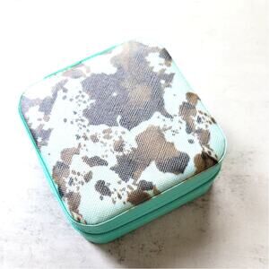 Brown Turquoise Cow Print Square Jewelry Case